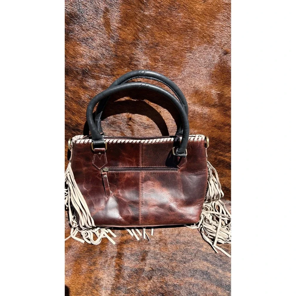 Western Cowhide Leather Fringe Satchel‎ Bag Brown Studded Whipstitch Handbag